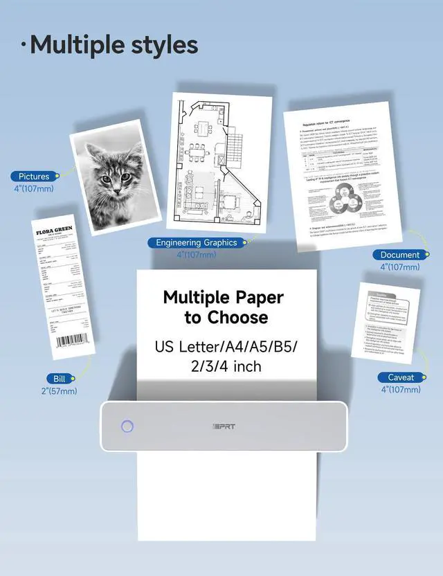 Alt view image 10 of 14 - MT610 Portable Thermal Printer, 203DPI Mobile-Travel-Printers, Inkless-Wireless-Small-Printer for Home Use, Office, Vehicles, Bluetooth Printers Supports 8.5" x 11" US Letter&A4&A5, White