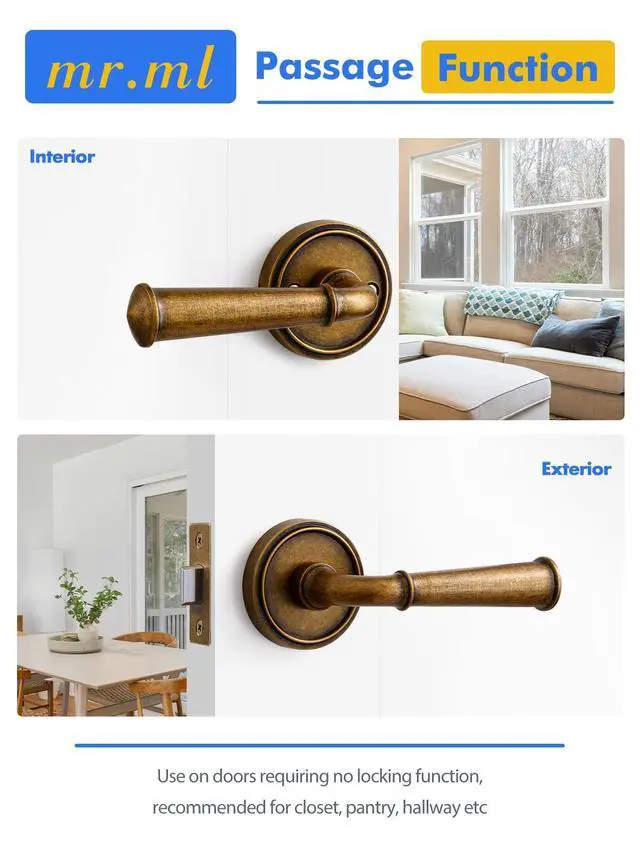 Alt view image 12 of 14 - Door Handle Antique Brass Retro Passage Vintage Door Lever, 1 Pack | Use for Interior Kitchen Pantry Hallway Hall Closet Laundry Room, Aluminium Alloy Handle Lever