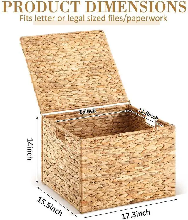 Alt view image 9 of 14 - Large Decorative Hanging File Box Water Hyacinth Wicker Basket File Organizer with Lid Collapsible Woven Filing Cabinet for Office/home Decor(16.54'' X 14.57'' X 11.4'',Light Color,1 Pack)