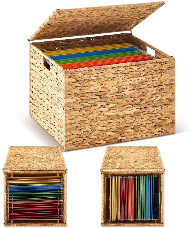 Alt view image 8 of 14 - Large Decorative Hanging File Box Water Hyacinth Wicker Basket File Organizer with Lid Collapsible Woven Filing Cabinet for Office/home Decor(16.54'' X 14.57'' X 11.4'',Light Color,1 Pack)