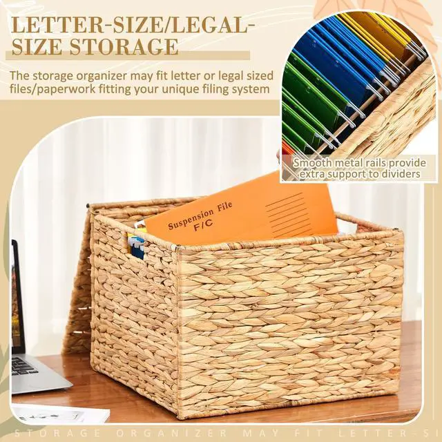 Alt view image 10 of 14 - Large Decorative Hanging File Box Water Hyacinth Wicker Basket File Organizer with Lid Collapsible Woven Filing Cabinet for Office/home Decor(16.54'' X 14.57'' X 11.4'',Light Color,1 Pack)