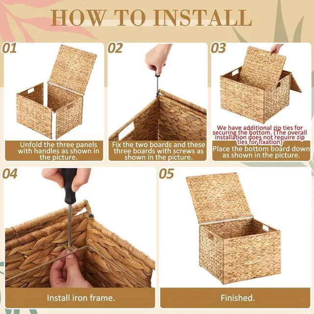 Alt view image 11 of 14 - Large Decorative Hanging File Box Water Hyacinth Wicker Basket File Organizer with Lid Collapsible Woven Filing Cabinet for Office/home Decor(16.54'' X 14.57'' X 11.4'',Light Color,1 Pack)