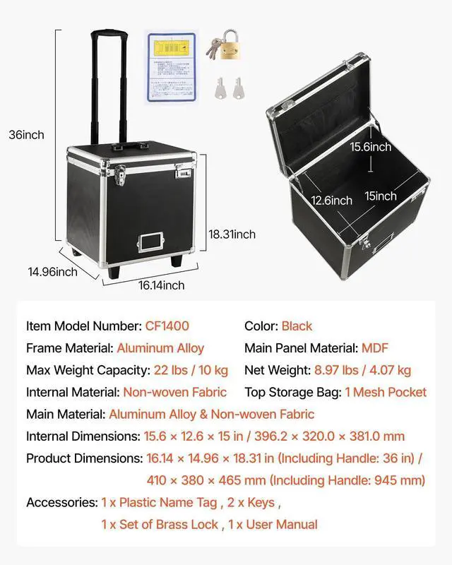 Alt view image 14 of 14 - Portable File Storage Box, 15.6 x 12.6 x 15 inch Internal Chest Size, Locking Mobile Business Case with Telescopic Handle, Hand pull File Case for Office Home, Offices, Hospitals, Banks