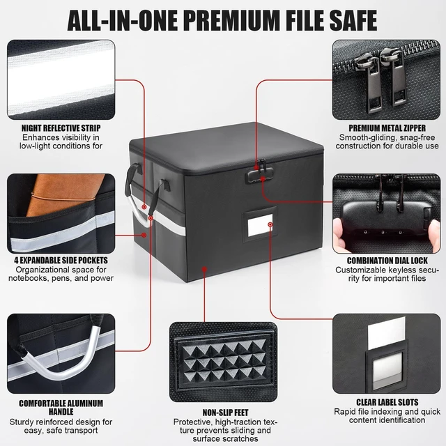 Alt view image 12 of 14 - 6200°F Upgraded Fireproof Document Box, 60L with Lock | 10-Layer Heat Decay Structure For Letter, Legal Folders with 3 Rails for Home Office & Business Travel