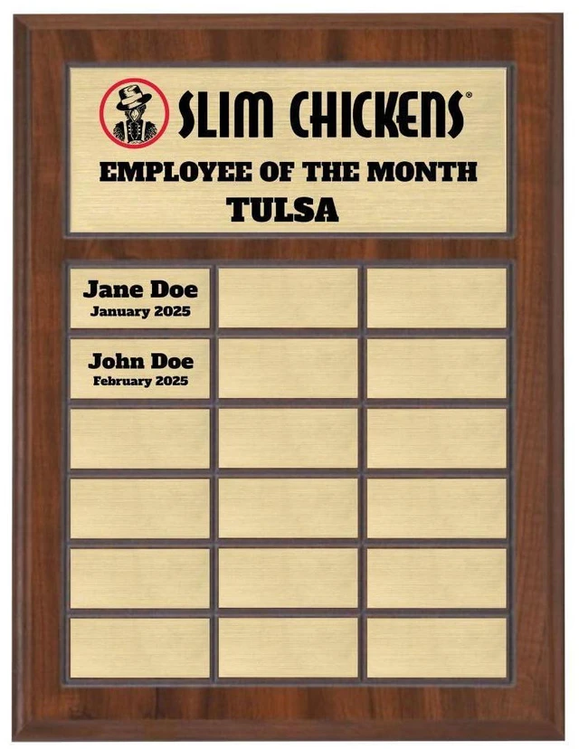 Alt view image 8 of 14 - Custom Perpetual Plaque, Employee of The Month, Salesman of The Month Appreciation Award Gold Plates on Wood Grain Pressed Board (18 Plate - 12x15")
