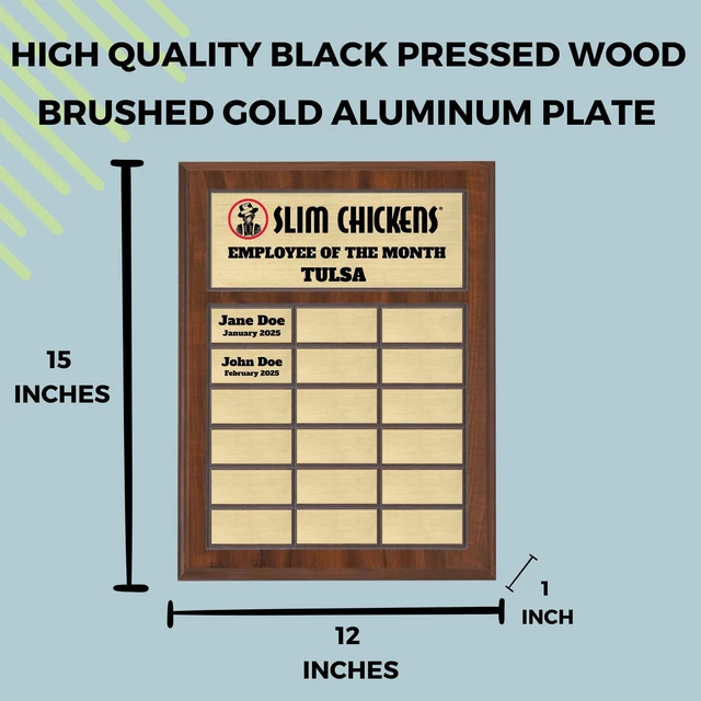 Alt view image 10 of 14 - Custom Perpetual Plaque, Employee of The Month, Salesman of The Month Appreciation Award Gold Plates on Wood Grain Pressed Board (18 Plate - 12x15")