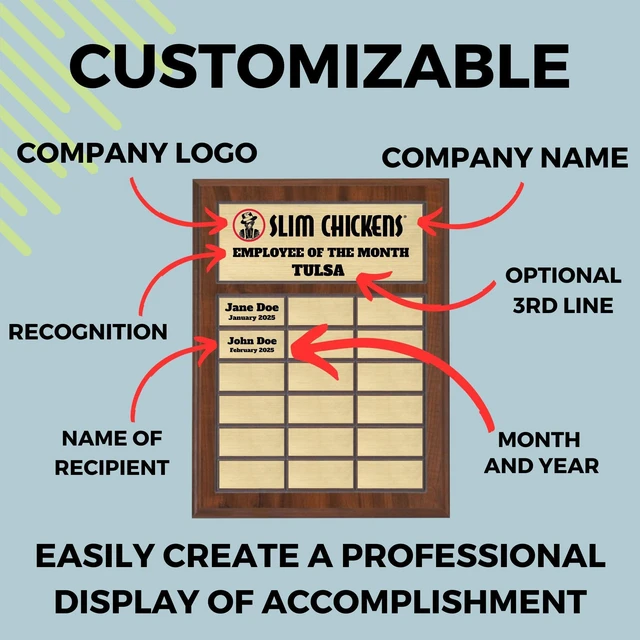 Alt view image 12 of 14 - Custom Perpetual Plaque, Employee of The Month, Salesman of The Month Appreciation Award Gold Plates on Wood Grain Pressed Board (18 Plate - 12x15")