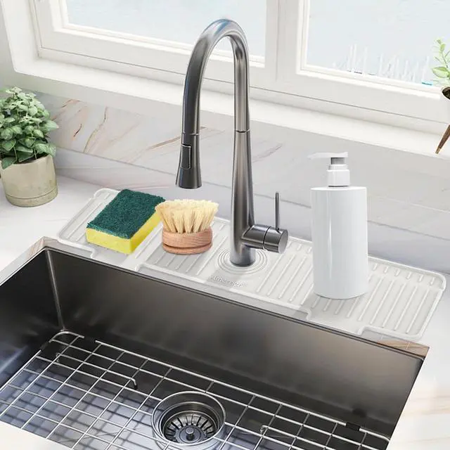 Alt view image 8 of 14 - Kitchen Sink Splash Guard, 20IN Longer Silicone Faucet Guard & Draining Mat, Bathroom and Kitchen Sink Organizer, Sink Faucet Mat Water Splash Guard Behind Faucet Accessories Gadget, 20 x 5.5, White