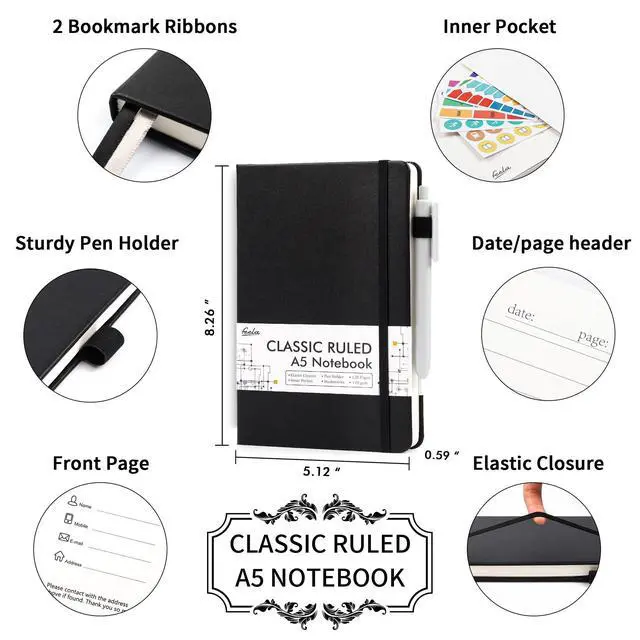 Alt view image 9 of 14 - 18 Pack Journal Notebook for Work, Business Notebook Bulk Hardcover Lined Writing Journal with Pen Holder for Men Women Note Taking, with 18 Black Pens, 120 GSM, 5.1x8.3, A5, Black