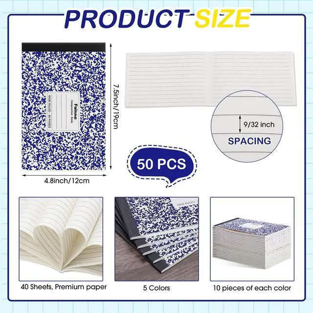 Alt view image 9 of 14 - 50 Pack Composition Notebooks Bulk Wide Ruled A5 Half Size Composition Notebooks 5 x 7.5 Marble Cover Note Books 80 Pages Small Journal 11/32" Spacing for Primary School Supplies(Blue)