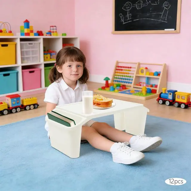 Alt view image 10 of 14 - 12 Pack Kids Lap Desk with Storage Slots, Stackable Portable Kids Lap Tray, 20" L X 10" W X 7" H Plastic Table Kids Activity Tray for Writing Eating Drawing Reading (White)