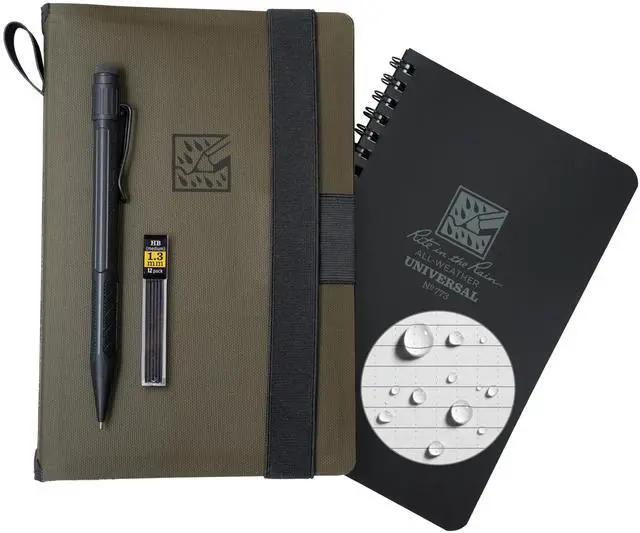 Alt view image 2 of 2 - Weatherproof Side Spiral Kit: TPU Fabric Cover, 4.625" x 7" Black Notebook, and Tough Mechanical Pencil (No. M973-KIT)