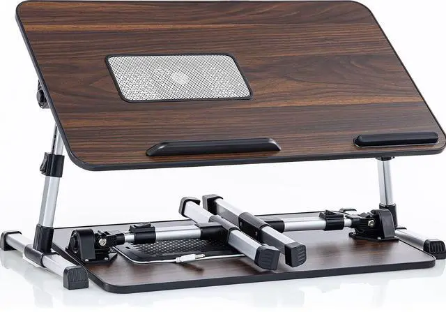 Alt view image 13 of 14 - Lap Desk Brown Large Wood Top - Fits Up to 17" Laptop - with Dual Cushion, Wrist Rest & Built-in Mouse Pad, Portable Laptop Stand for Bed, Multifunctional Slot for Tablet, Pen & Phone