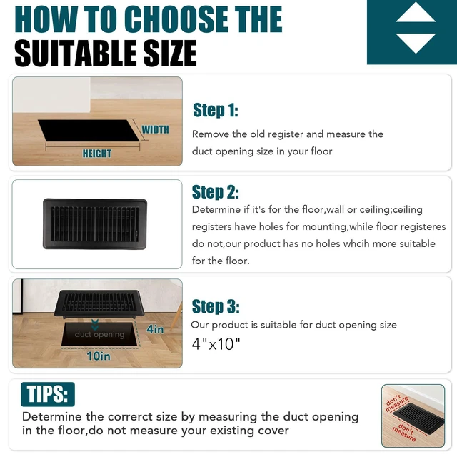 Alt view image 11 of 14 - Floor Register 4x10, 8 Pack Black Floor Vent Covers | Heavy Duty Steel Walkable Floor Vents,Vent Covers for Home Floor