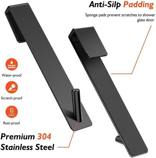 Alt view image 13 of 14 - Shower Door Hooks(7.5 Inch),Extended Over Door Hooks for Bathroom Frameless Glass Shower Door,Stainless Steel Towel Hooks,Heavy Duty Rack Hooks for Robe,Towel-2 Pack-Black
