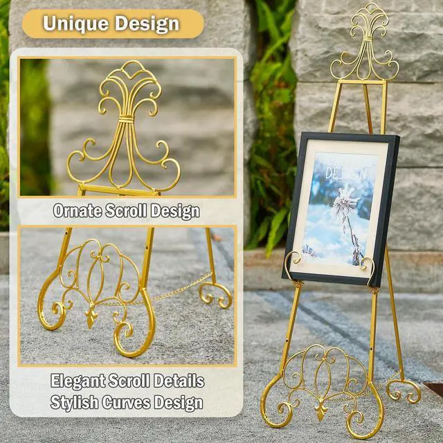 Alt view image 9 of 14 - Gold Easel Stand for Sign, Adjustable Height Metal Easel Display Stand with Chain Support, Heavy Duty Easel for Sign, Wedding, Picture Frame, Mirror. (No Installation Required)