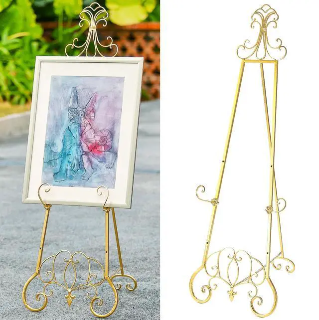 Alt view image 8 of 14 - Gold Easel Stand for Sign, Adjustable Height Metal Easel Display Stand with Chain Support, Heavy Duty Easel for Sign, Wedding, Picture Frame, Mirror. (No Installation Required)