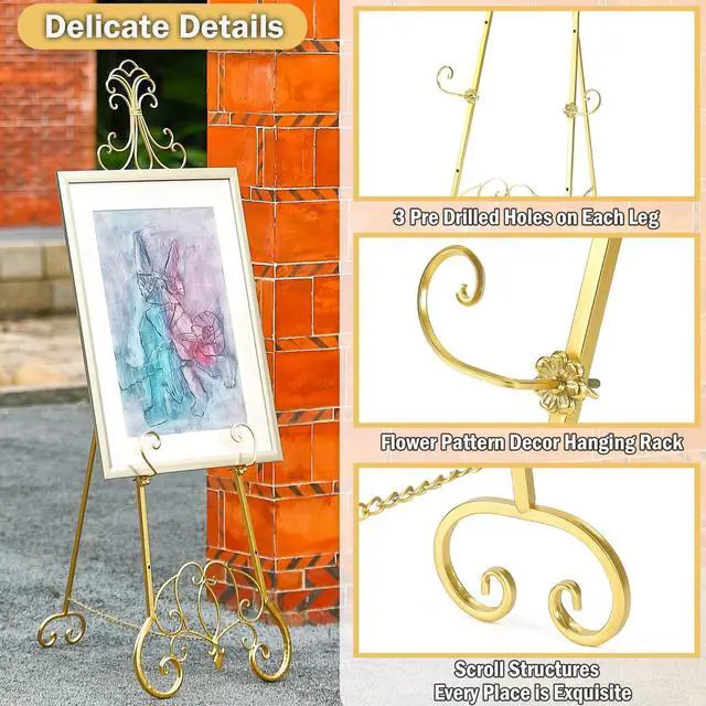 Alt view image 10 of 14 - Gold Easel Stand for Sign, Adjustable Height Metal Easel Display Stand with Chain Support, Heavy Duty Easel for Sign, Wedding, Picture Frame, Mirror. (No Installation Required)