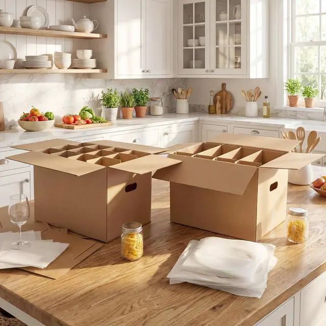 Alt view image 11 of 12 - 4 Sets Kitchen Moving Boxes with Handle Hole, 16 x 12 x 12 Inch Included Dish Glassware and Wine Glass Packing Moving Divider Kits Foam Pouches for Kitchen Packing Transportation