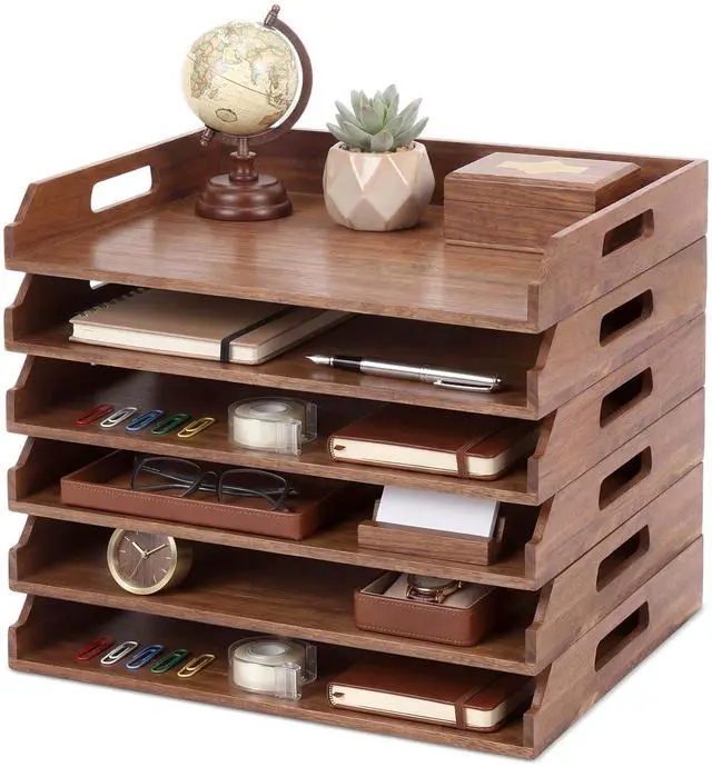 Alt view image 8 of 14 - 6 Pcs Stackable Paper Tray Acacia Wood Desk Organizer Letter Tray 6 Tier Wooden File Organizer Desk Shelf for Documents, Letter Sorter, Envelopes and Magazine Holder