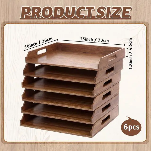 Alt view image 9 of 14 - 6 Pcs Stackable Paper Tray Acacia Wood Desk Organizer Letter Tray 6 Tier Wooden File Organizer Desk Shelf for Documents, Letter Sorter, Envelopes and Magazine Holder