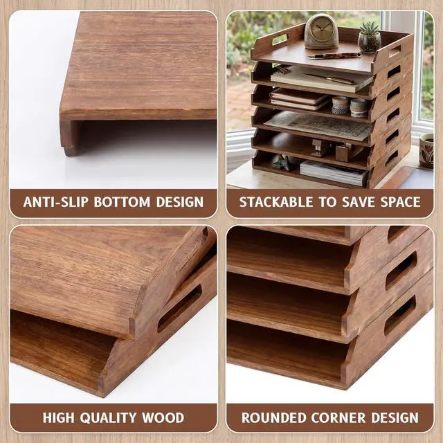 Alt view image 10 of 14 - 6 Pcs Stackable Paper Tray Acacia Wood Desk Organizer Letter Tray 6 Tier Wooden File Organizer Desk Shelf for Documents, Letter Sorter, Envelopes and Magazine Holder