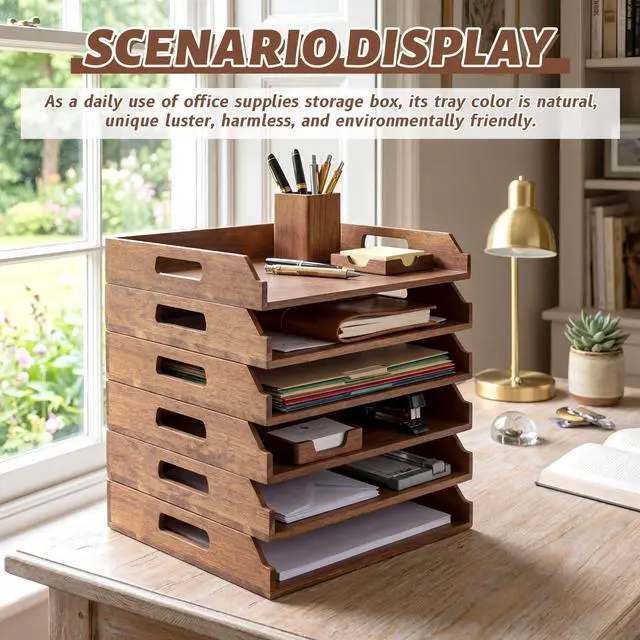 Alt view image 11 of 14 - 6 Pcs Stackable Paper Tray Acacia Wood Desk Organizer Letter Tray 6 Tier Wooden File Organizer Desk Shelf for Documents, Letter Sorter, Envelopes and Magazine Holder