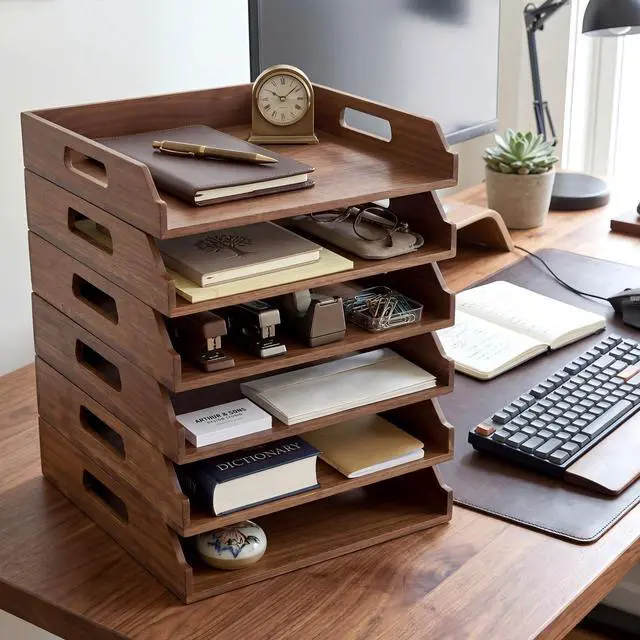 Alt view image 12 of 14 - 6 Pcs Stackable Paper Tray Acacia Wood Desk Organizer Letter Tray 6 Tier Wooden File Organizer Desk Shelf for Documents, Letter Sorter, Envelopes and Magazine Holder