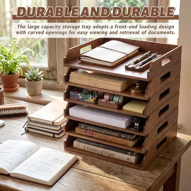 Alt view image 13 of 14 - 6 Pcs Stackable Paper Tray Acacia Wood Desk Organizer Letter Tray 6 Tier Wooden File Organizer Desk Shelf for Documents, Letter Sorter, Envelopes and Magazine Holder