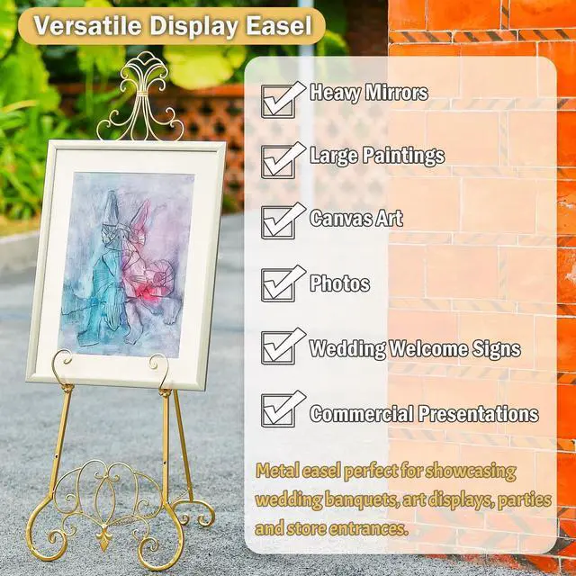 Alt view image 11 of 14 - Gold Easel Stand for Sign, Adjustable Height Metal Easel Display Stand with Chain Support, Heavy Duty Easel for Sign, Wedding, Picture Frame, Mirror. (No Installation Required)