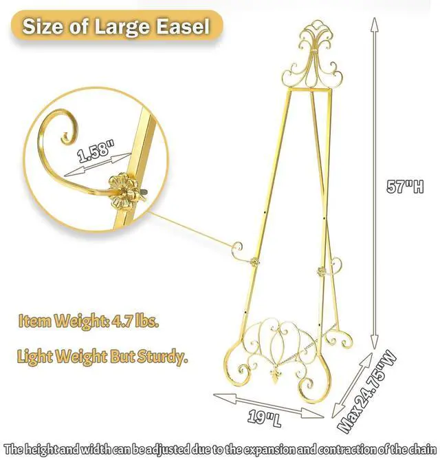 Alt view image 12 of 14 - Gold Easel Stand for Sign, Adjustable Height Metal Easel Display Stand with Chain Support, Heavy Duty Easel for Sign, Wedding, Picture Frame, Mirror. (No Installation Required)