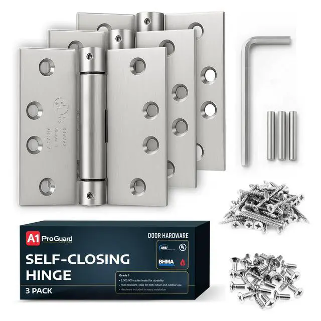 Alt view image 8 of 14 - A1 ProGuard Satin Door Hinges 4.5 Inch Self Closing Hinge Hardware Adjustable Spring Hinges for Commercial Grade Self-Closing, UL Listed 3 Pack