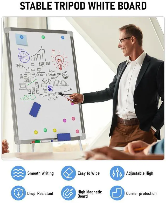 Alt view image 10 of 14 - Easel Whiteboard with Stand, 36 x 24'' Magnetic Dry Erase White Board Tripod Height Adjustable with Pens, Eraser, Magnet, Flipchart Easel Stand White Board for Kid Student Office Home Classroom
