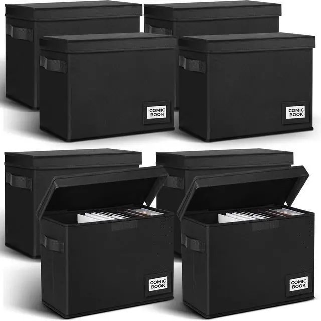 Alt view image 7 of 12 - 8 Pack Comic Book Storage Boxes, 15.4" x 7.5" x 11.4" Book Box Organizer Collapsible with Handles, Stackable Short Bin to Holds 150-180 Comics for Home School Classroom, Black