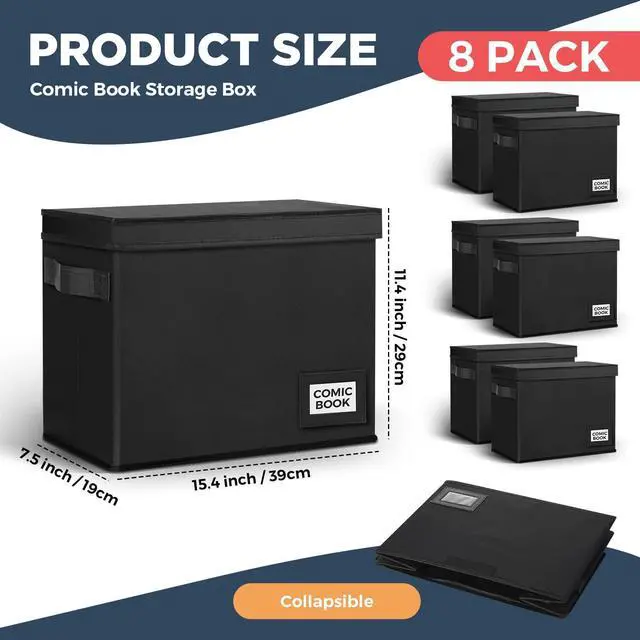 Alt view image 8 of 12 - 8 Pack Comic Book Storage Boxes, 15.4" x 7.5" x 11.4" Book Box Organizer Collapsible with Handles, Stackable Short Bin to Holds 150-180 Comics for Home School Classroom, Black