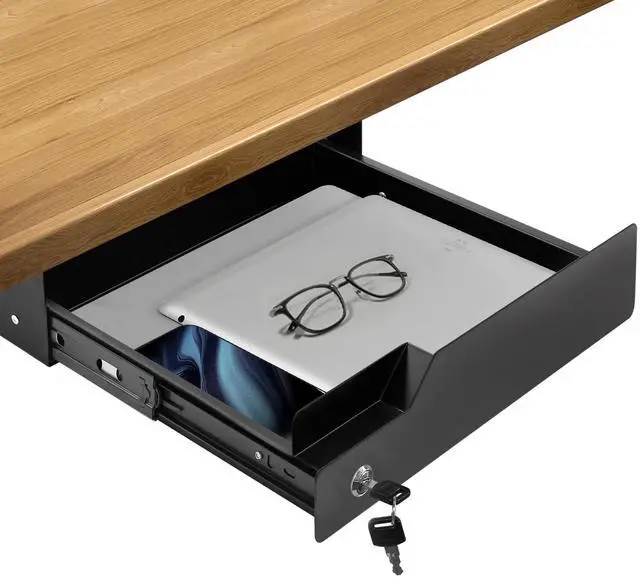 Alt view image 8 of 14 - Under Desk Drawer Storage with Lock, Metal Undermount Table Drawer, Ball Bearing Slides Out Tray Organizer for Paper, Pencil, and Laptop 16"x11.8"x3.6", Black