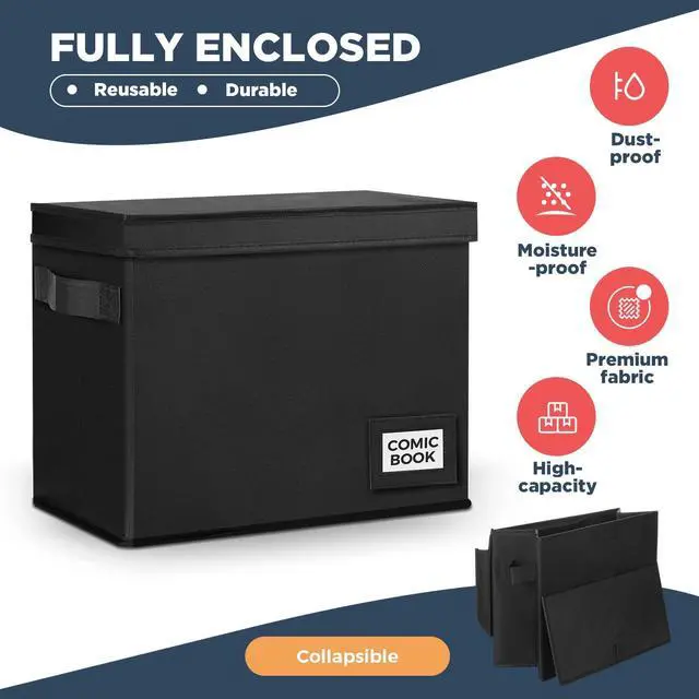 Alt view image 12 of 12 - 8 Pack Comic Book Storage Boxes, 15.4" x 7.5" x 11.4" Book Box Organizer Collapsible with Handles, Stackable Short Bin to Holds 150-180 Comics for Home School Classroom, Black