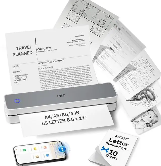 Alt view image 8 of 14 - Inkless Portable Printer for Travel, Wireless Thermal Printer Support 8.5 x 11 US Letter A4 B5, Bluetooth Mobile Printers for Laptop, iPhone, Android for Home, Car, Office, School, MT610 Grey
