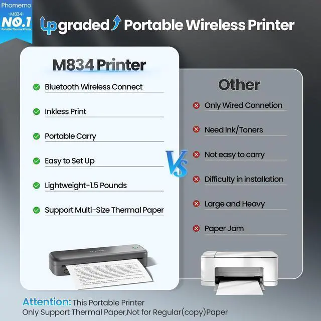 Alt view image 9 of 14 - M834 Inkless Portable Thermal Printer for Travel, 8.5 x 11, Gray | Wireless Bluetooth Mobile Small Compact Printer for Travel Office School Home Use, Compatible with iPhone, Tablet & Laptop