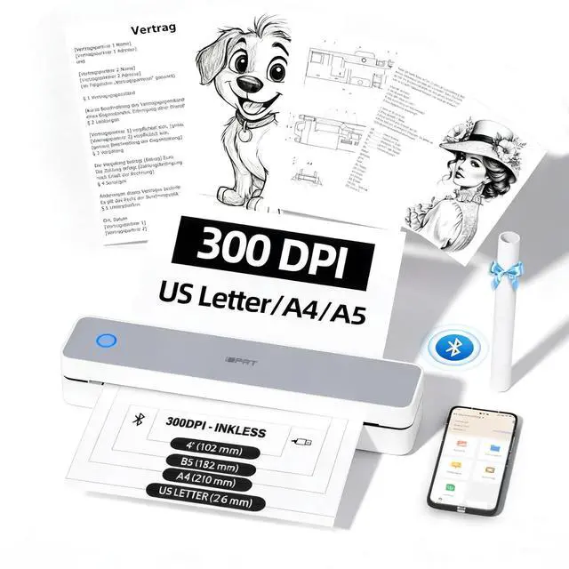 Alt view image 8 of 14 - Portable-Printer Wireless for Travel,300DPI Inkless Thermal Small Printers for Home Use,Office,Vehicles,Mobile Bluetooth Printer Supports 8.5" x 11" US Letter,for Smartphone & PC,White Gray