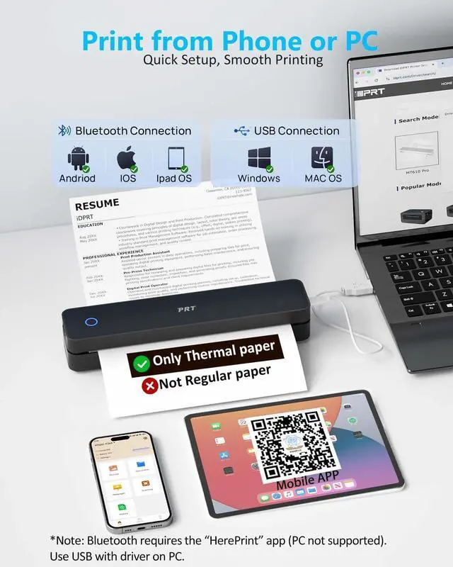 Alt view image 10 of 14 - Inkless Portable Printer for Travel, Wireless Thermal Printer Support 8.5 x 11 US Letter A4 B5, Bluetooth Mobile Printers for Laptop, iPhone, Android for Home, Car, Office, School, MT610 Black