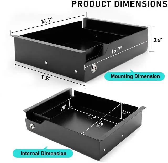 Alt view image 9 of 14 - Under Desk Drawer Storage with Lock, Metal Undermount Table Drawer, Ball Bearing Slides Out Tray Organizer for Paper, Pencil, and Laptop 16"x11.8"x3.6", Black