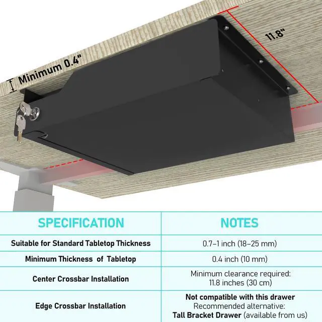 Alt view image 10 of 14 - Under Desk Drawer Storage with Lock, Metal Undermount Table Drawer, Ball Bearing Slides Out Tray Organizer for Paper, Pencil, and Laptop 16"x11.8"x3.6", Black