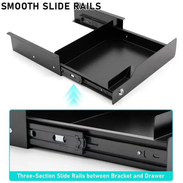 Alt view image 11 of 14 - Under Desk Drawer Storage with Lock, Metal Undermount Table Drawer, Ball Bearing Slides Out Tray Organizer for Paper, Pencil, and Laptop 16"x11.8"x3.6", Black