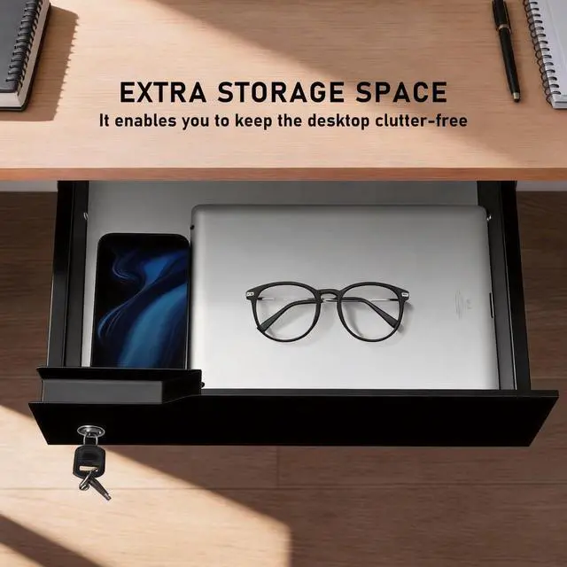 Alt view image 13 of 14 - Under Desk Drawer Storage with Lock, Metal Undermount Table Drawer, Ball Bearing Slides Out Tray Organizer for Paper, Pencil, and Laptop 16"x11.8"x3.6", Black