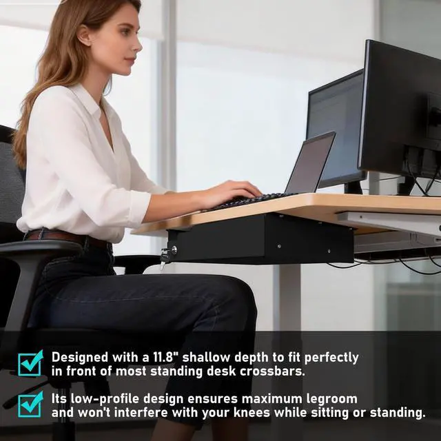 Alt view image 12 of 14 - Under Desk Drawer Storage with Lock, Metal Undermount Table Drawer, Ball Bearing Slides Out Tray Organizer for Paper, Pencil, and Laptop 16"x11.8"x3.6", Black