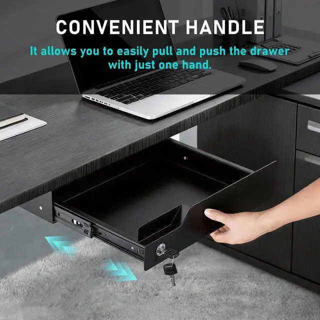 Alt view image 14 of 14 - Under Desk Drawer Storage with Lock, Metal Undermount Table Drawer, Ball Bearing Slides Out Tray Organizer for Paper, Pencil, and Laptop 16"x11.8"x3.6", Black