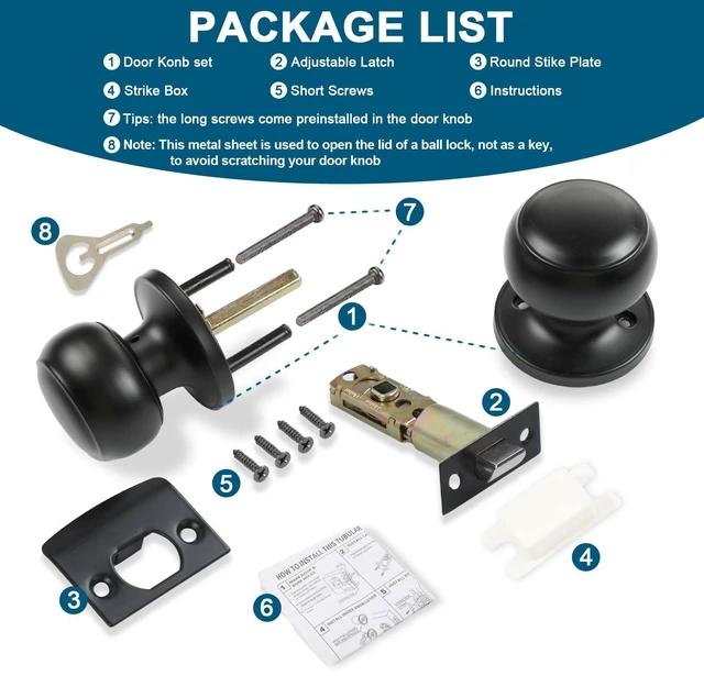 Alt view image 9 of 14 - Passage Door Knobs, 4 Pack Matte Black Door Knobs, for Hallway & Closet Non-Locking Interior Round Door Handles Keyless Reversible for Left Right Handed Doors