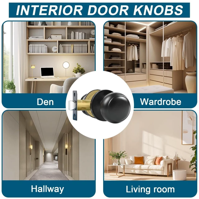 Alt view image 10 of 14 - Passage Door Knobs, 4 Pack Matte Black Door Knobs, for Hallway & Closet Non-Locking Interior Round Door Handles Keyless Reversible for Left Right Handed Doors