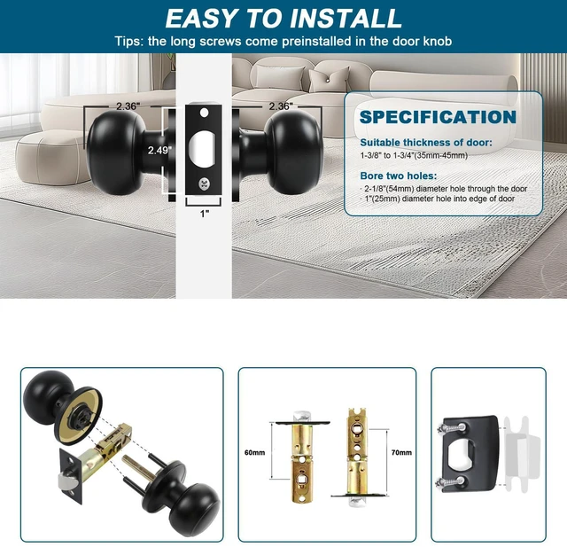 Alt view image 11 of 14 - Passage Door Knobs, 4 Pack Matte Black Door Knobs, for Hallway & Closet Non-Locking Interior Round Door Handles Keyless Reversible for Left Right Handed Doors